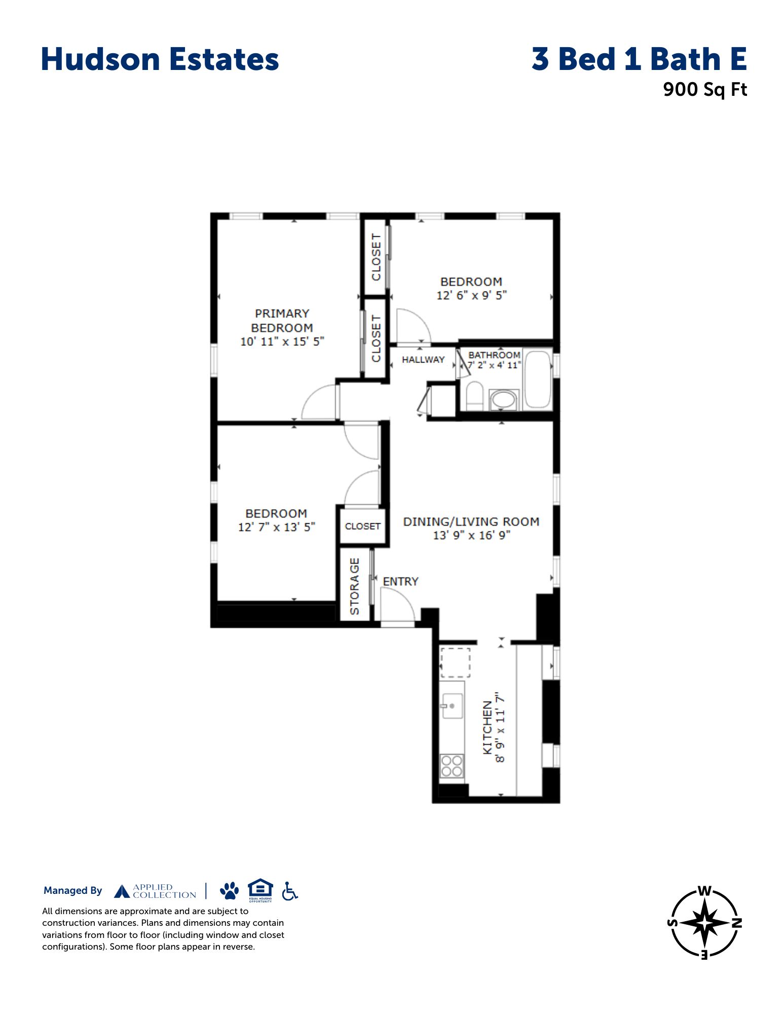 Floor plan for 3 beds, 1 bath, 900 sqft